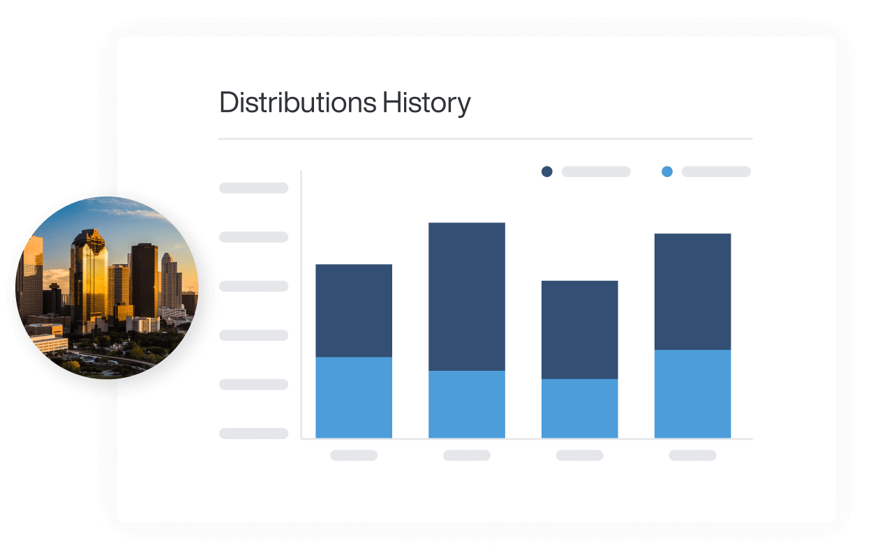 AppFolio Investment Management interface window of Distributions History, with a circle shaped commercial buildings photo.